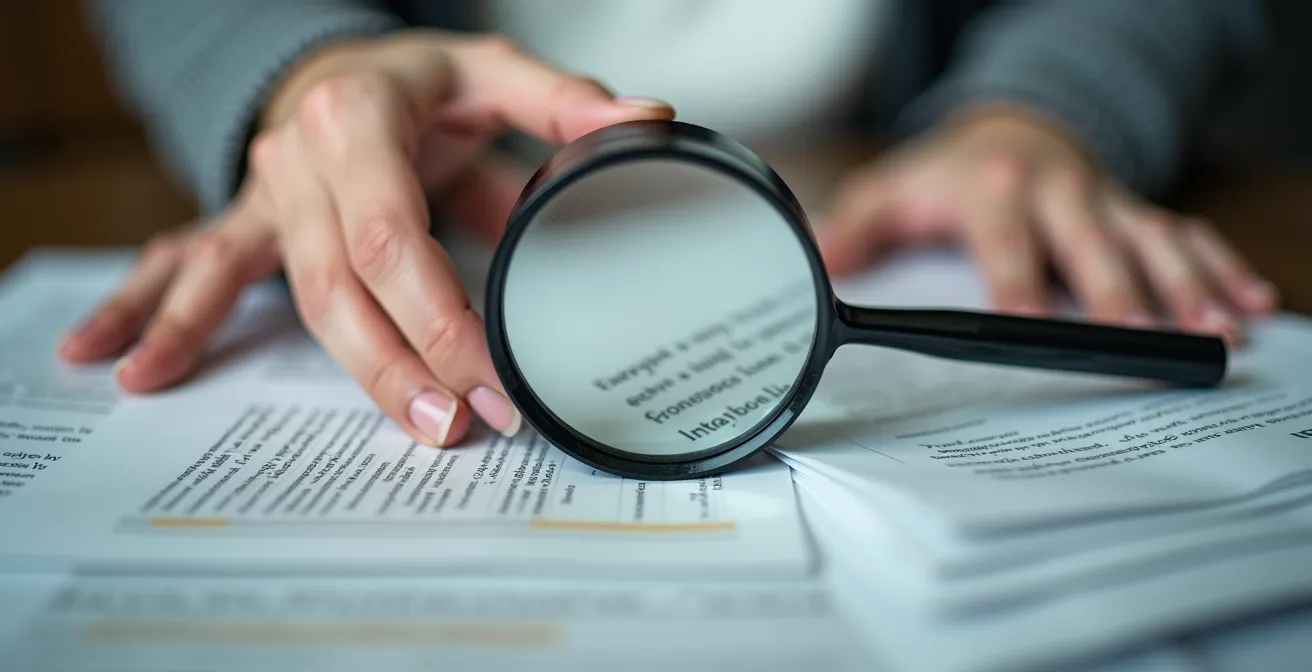 Mani di investitore analizzano documenti contrattuali con lente ingrandimento