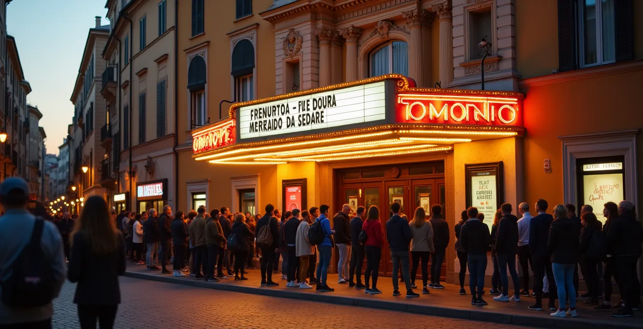 Pubblico entusiasta in attesa davanti a un cinema storico italiano al tramonto