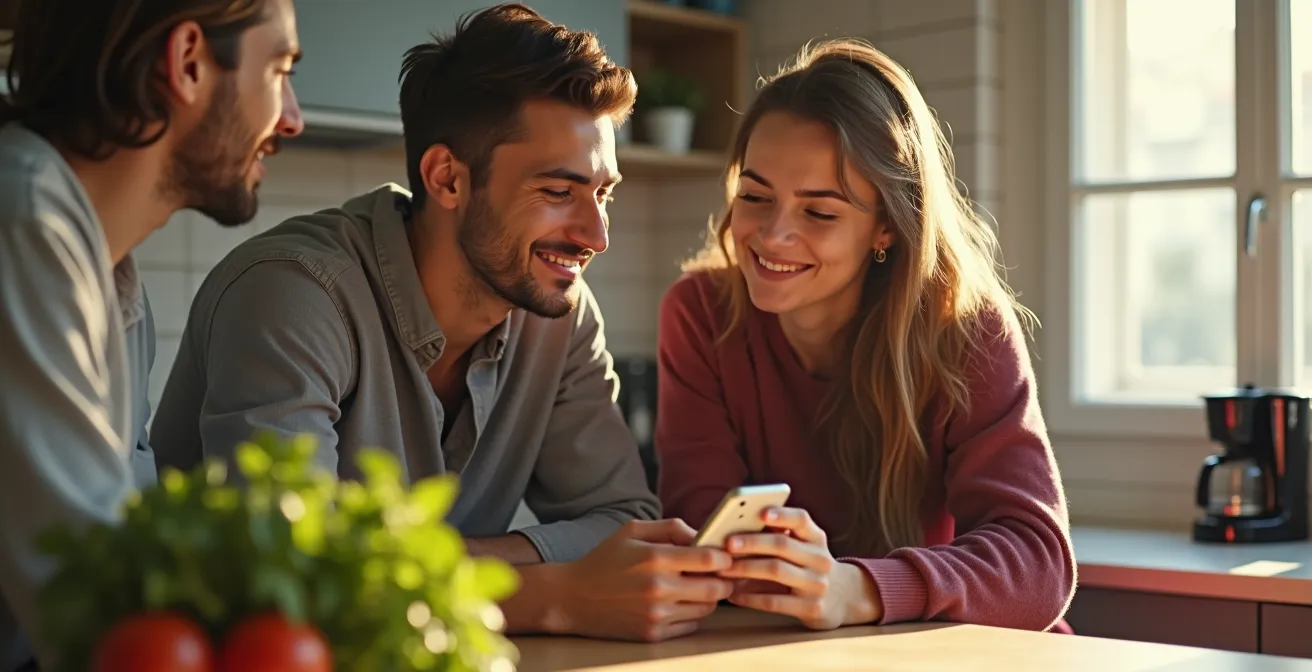 Giovani coinquilini che controllano insieme le spese condivise in cucina usando dispositivi mobili