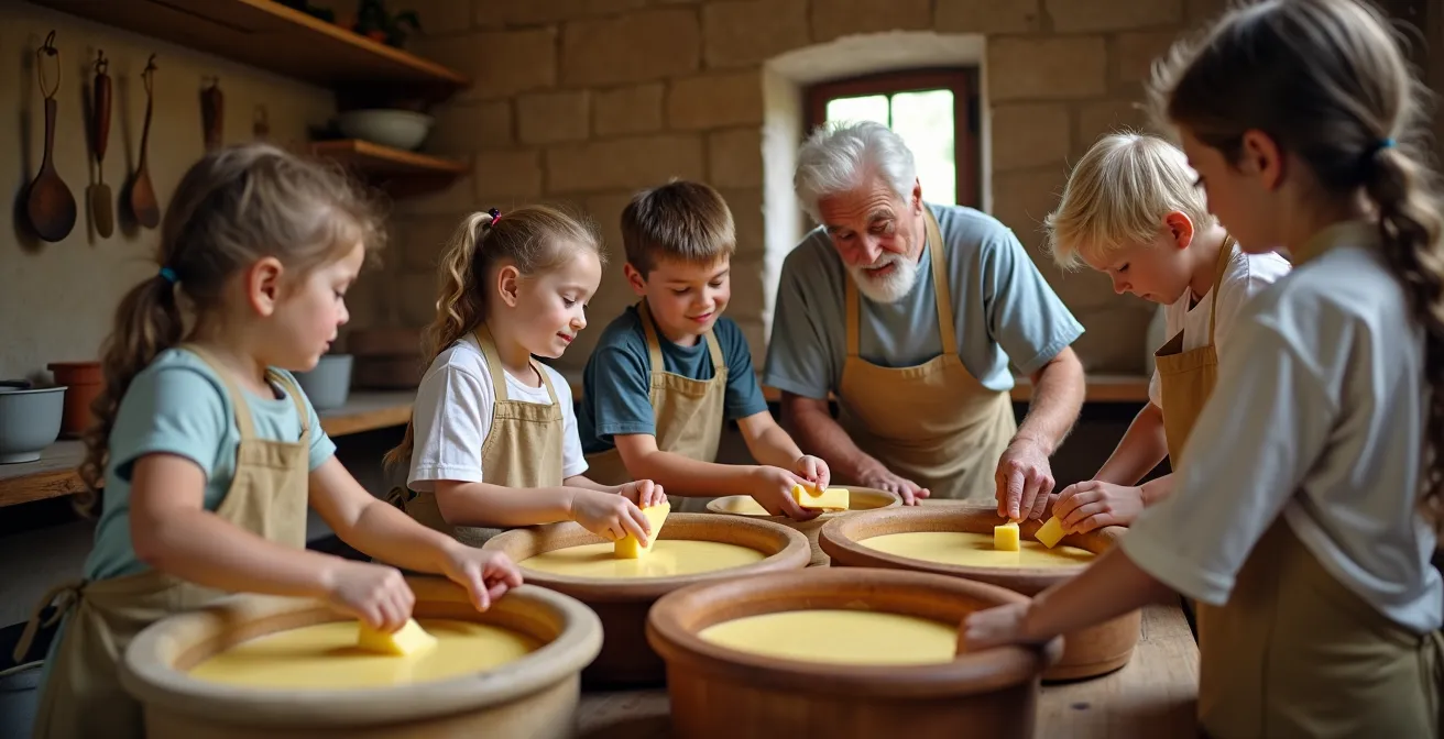 Bambini che partecipano a un laboratorio di produzione del formaggio in una fattoria didattica italiana
