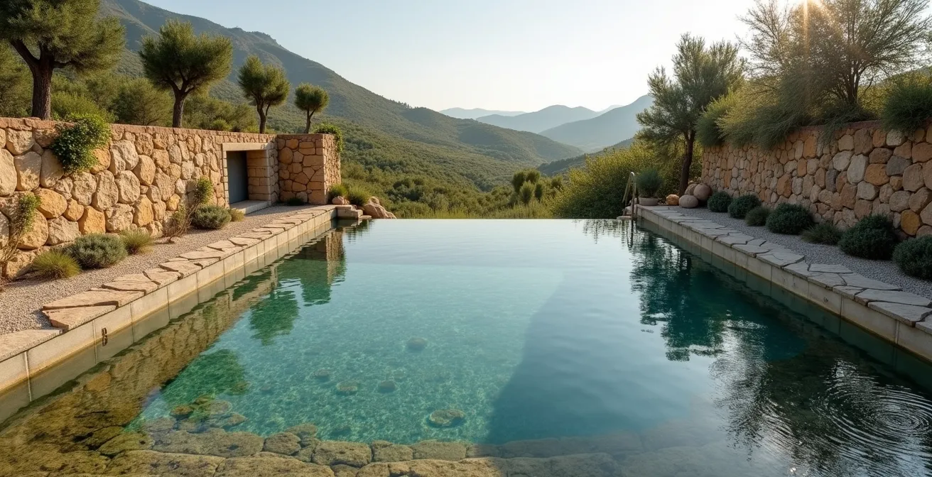 Biopiscina con zone di fitodepurazione integrate nel paesaggio collinare italiano