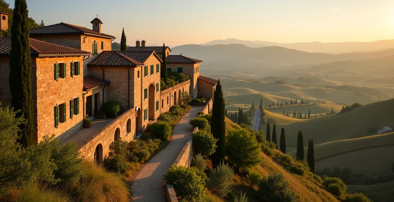 Vista panoramica di borgo storico toscano protetto con rustici ristrutturati di alto valore