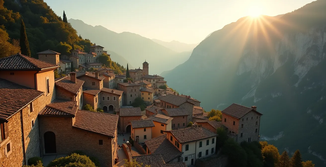 Borgo tradizionale italiano incastonato tra le montagne del parco nazionale