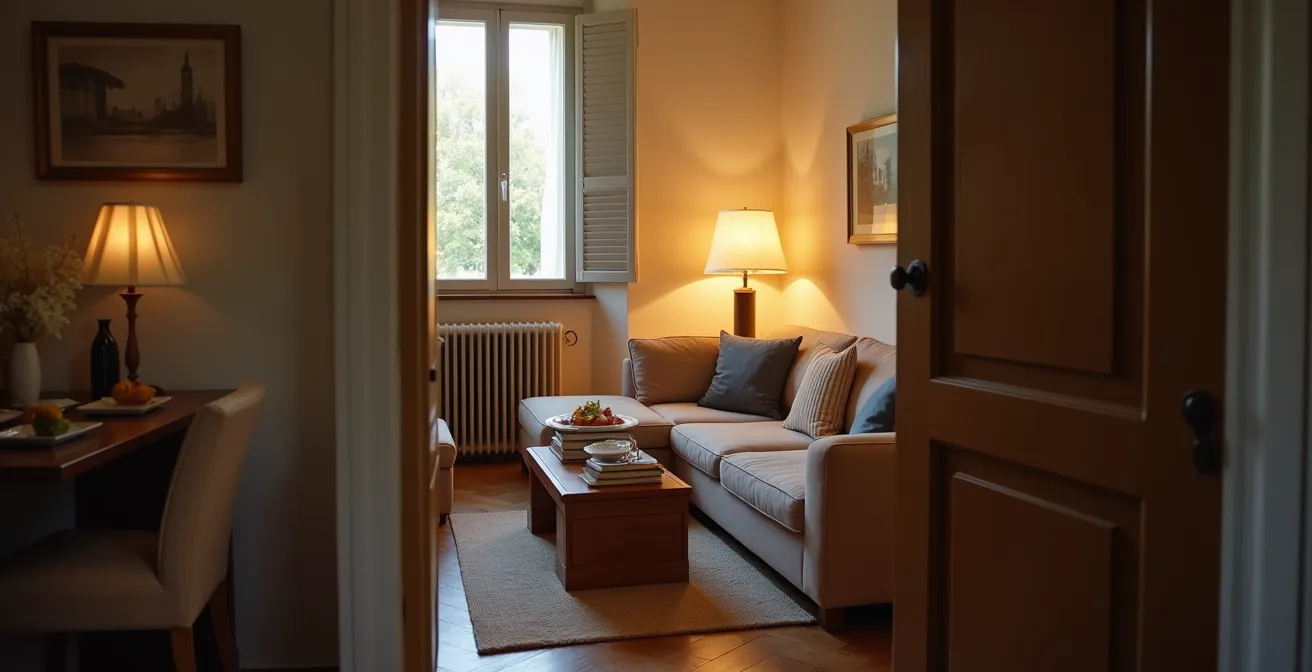 Salotto piccolo con buffet disposto strategicamente per favorire movimento e conversazione