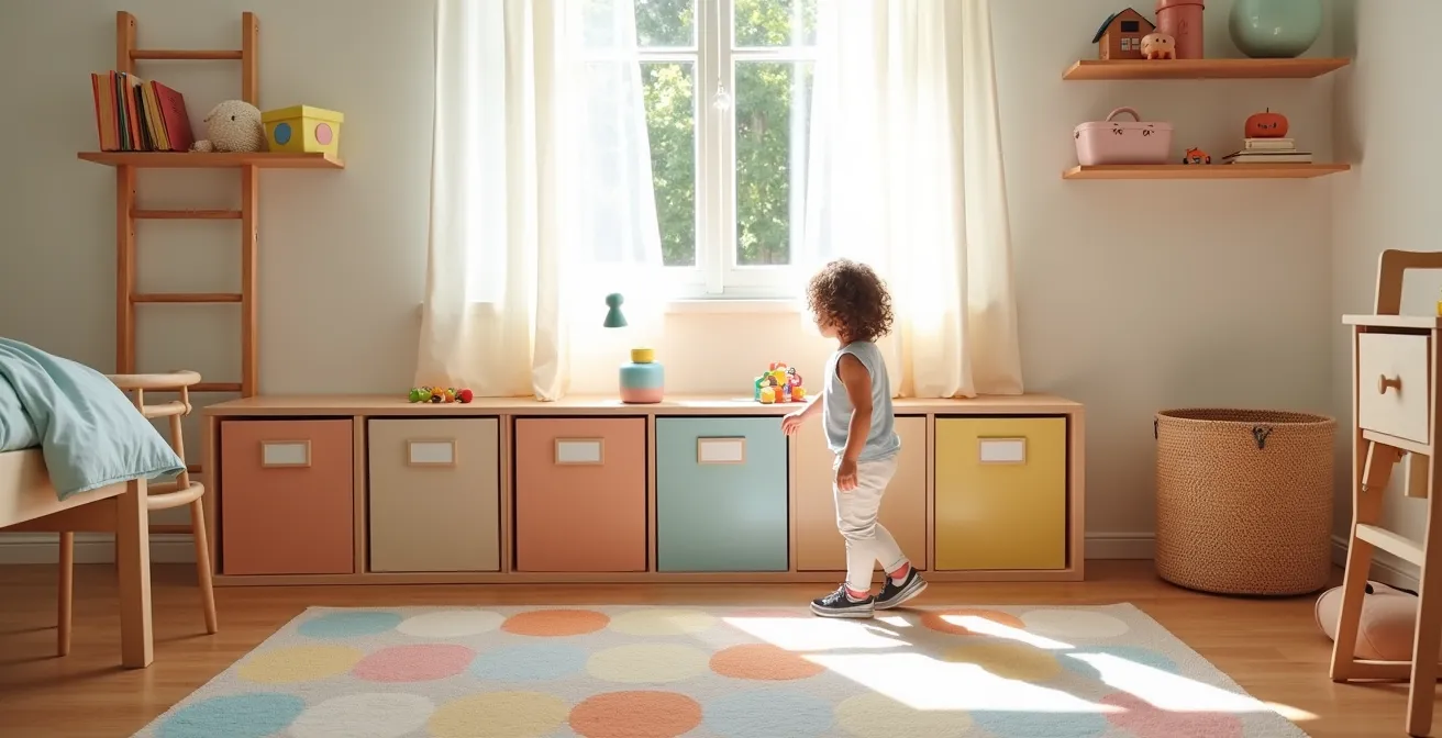Cameretta ordinata con contenitori colorati a misura di bambino