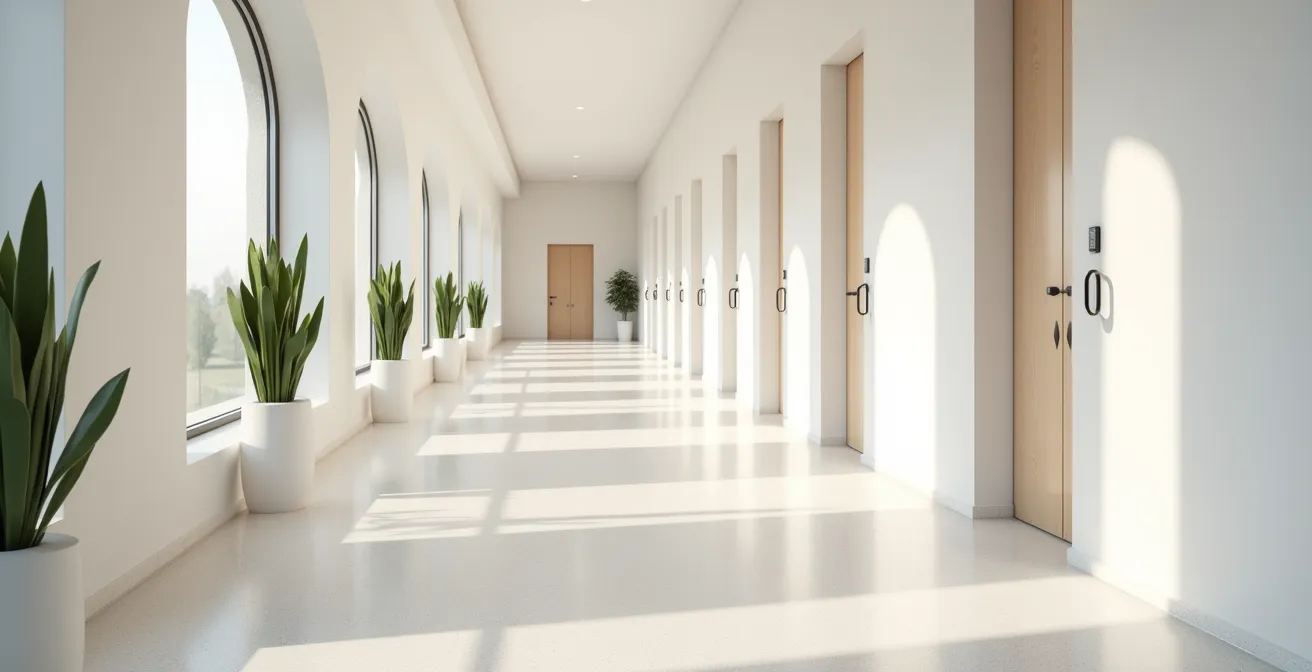 Vista grandangolare di moderno centro senologico italiano con corridoio luminoso e porte chiuse