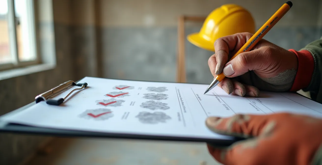 Mani che verificano documenti di fine lavori in cantiere con lista di controllo