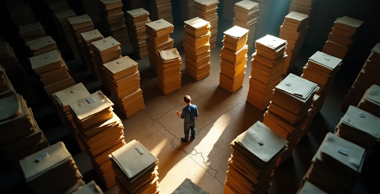 Documenti brevetti in archivio universitario italiano con luce drammatica