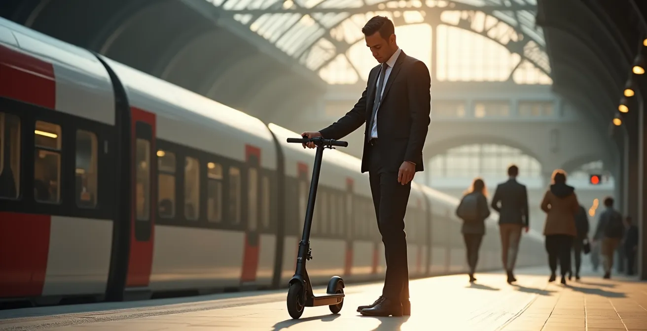 Pendolare con il suo monopattino elettrico personale piegato sulla banchina di una stazione ferroviaria italiana