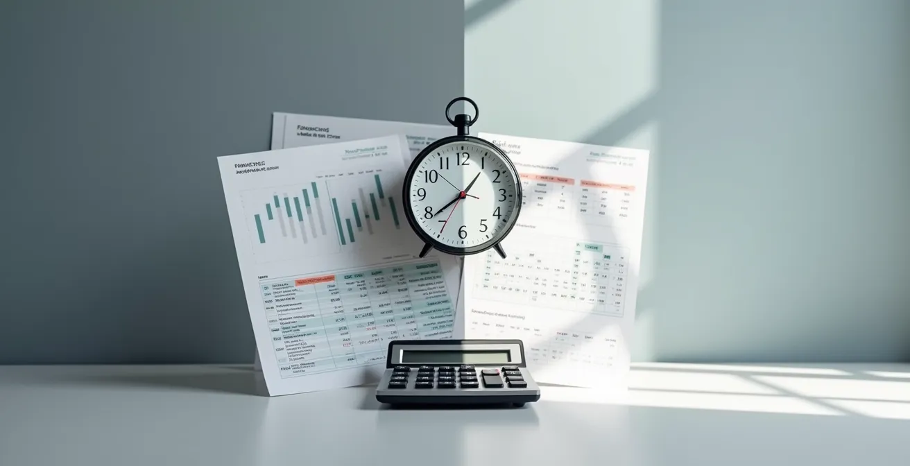Professionista che analizza documenti fiscali e calcolatrice su scrivania