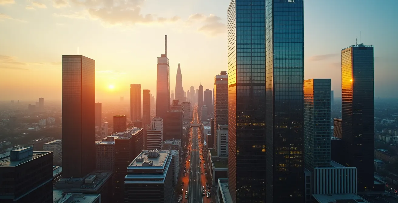 Vista aerea minimalista di un paesaggio finanziario europeo con architettura moderna