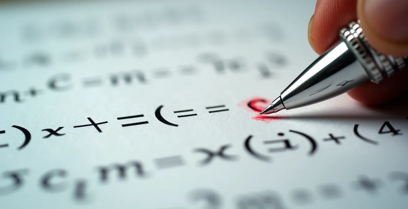 Macro dettaglio di formule matematiche scritte a mano con correzioni in rosso