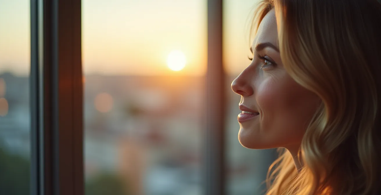 Un professionista in un ufficio italiano che segue la regola del 20-20-20 guardando fuori dalla finestra per riposare gli occhi.