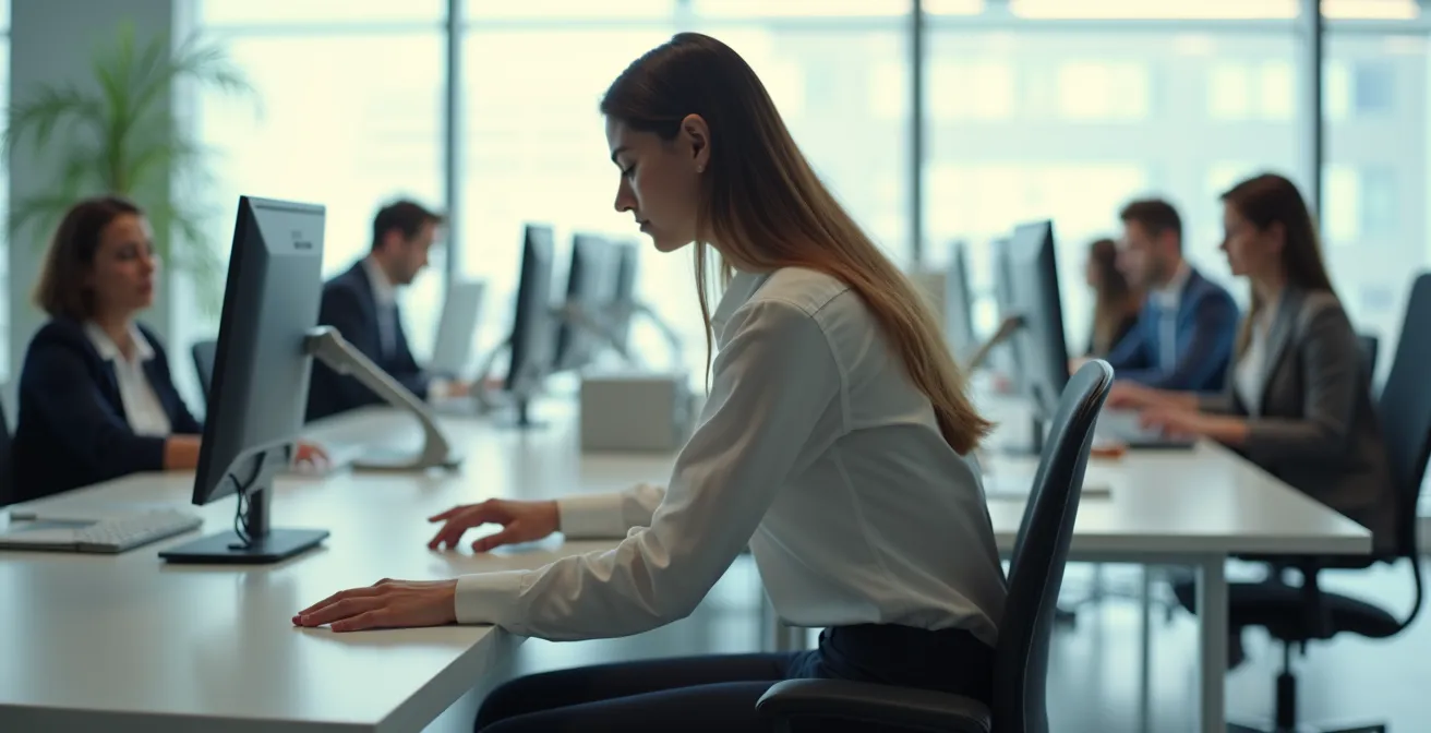 Professionista esegue micro-movimenti di decompressione spinale seduto alla scrivania