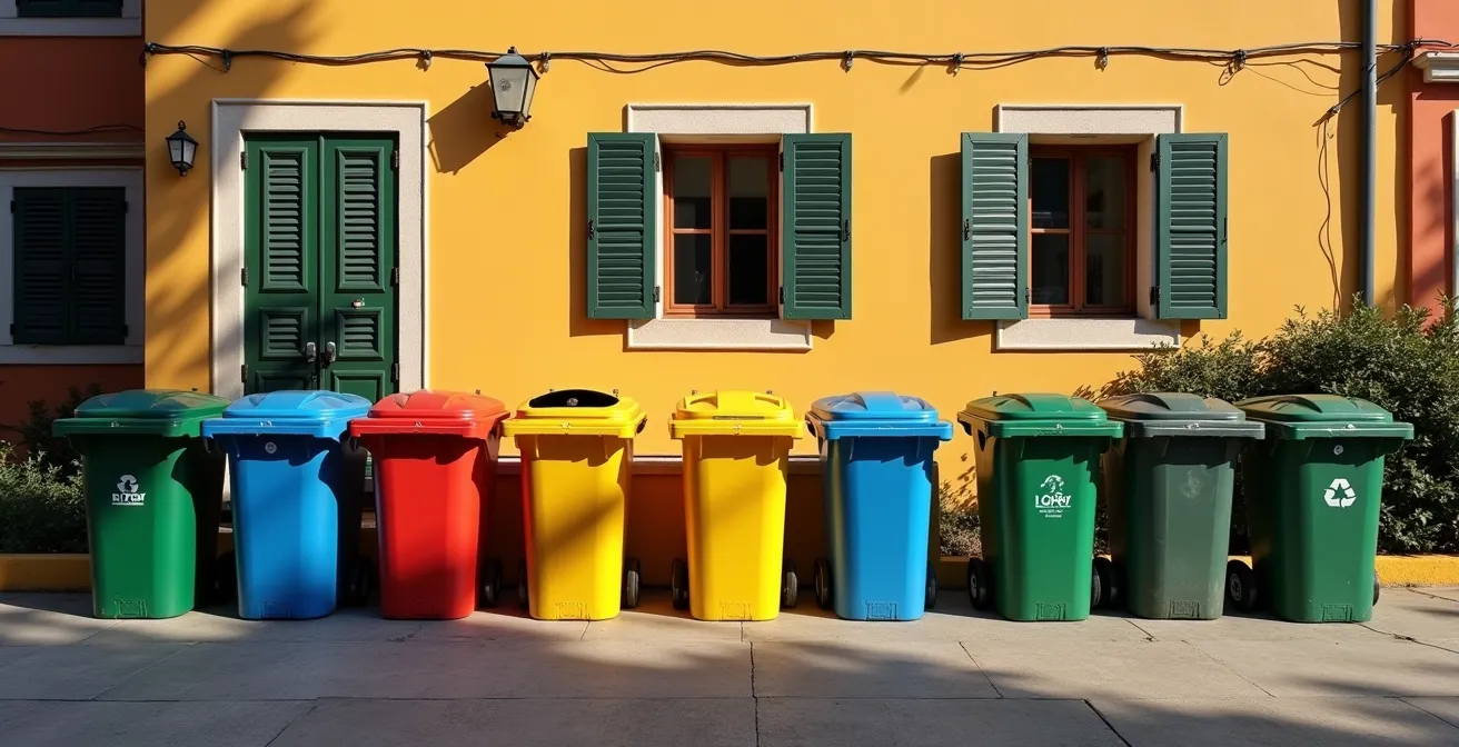 Bidoni per la raccolta differenziata posizionati correttamente in un cortile condominiale italiano