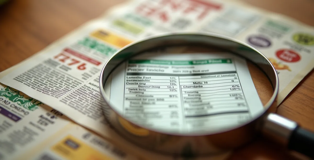 Macro ravvicinato di etichette alimentari italiane con lente d'ingrandimento che evidenzia gli zuccheri nascosti