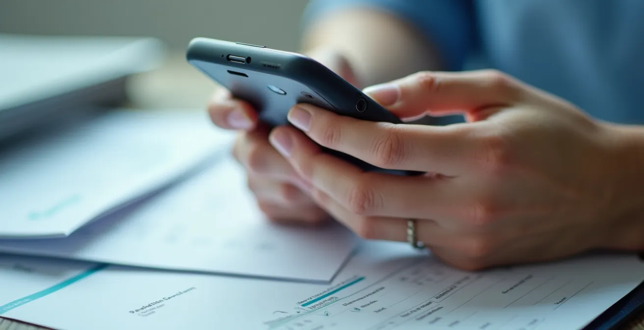 Mani che tengono smartphone con schermo rivolto verso il basso mentre documenti medici cartacei sono sfocati sullo sfondo