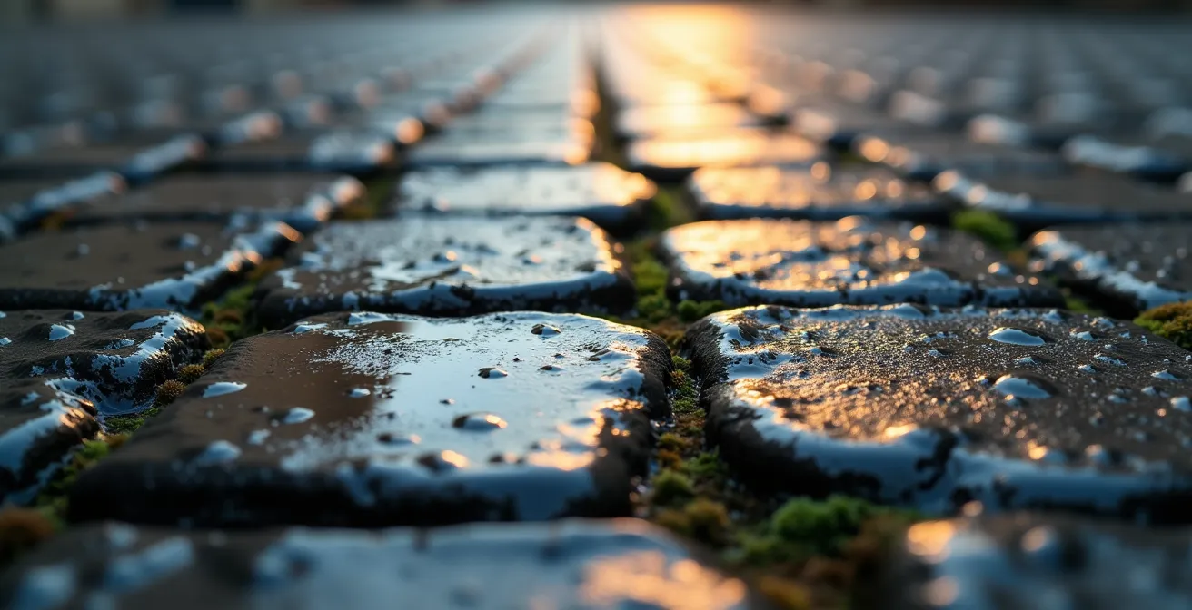 Dettaglio macro dei sampietrini romani con texture irregolare che evidenzia il pericolo