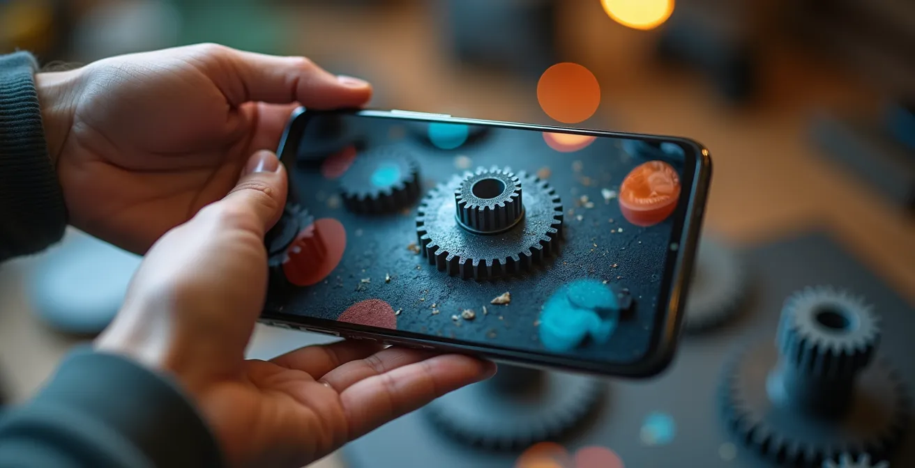 Processo di scansione 3D di un ingranaggio rotto usando uno smartphone con app di fotogrammetria
