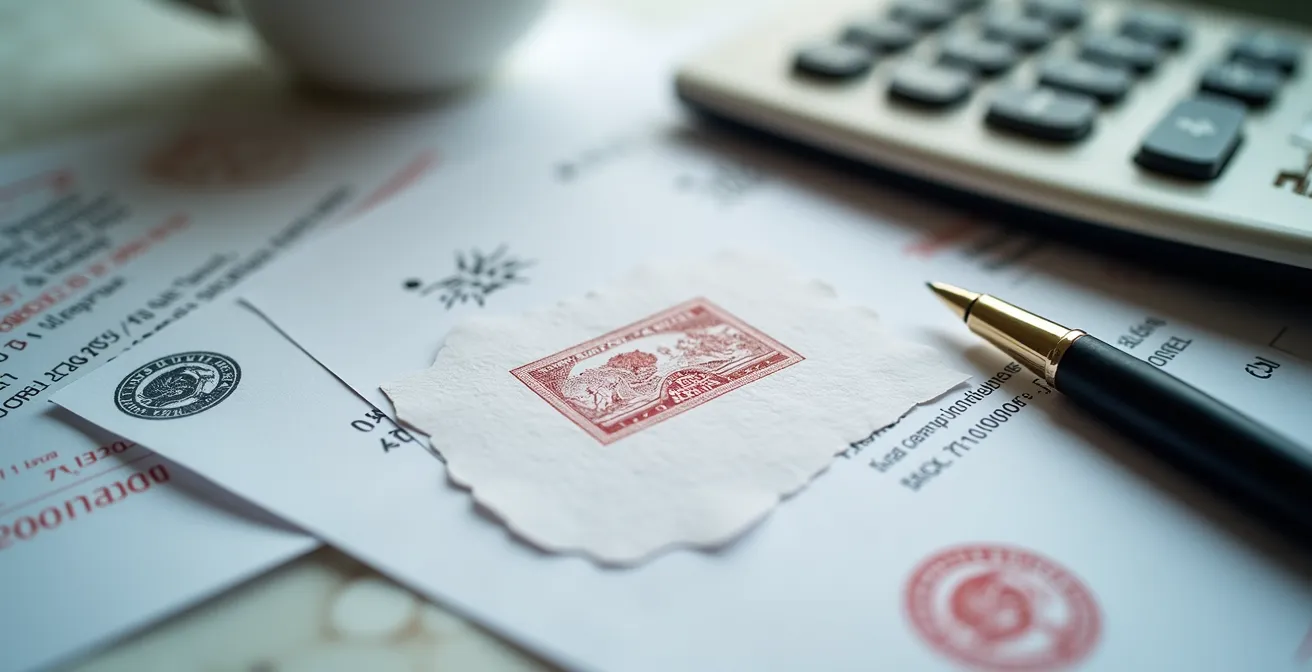 Vista dall'alto di una scrivania con documenti fiscali organizzati