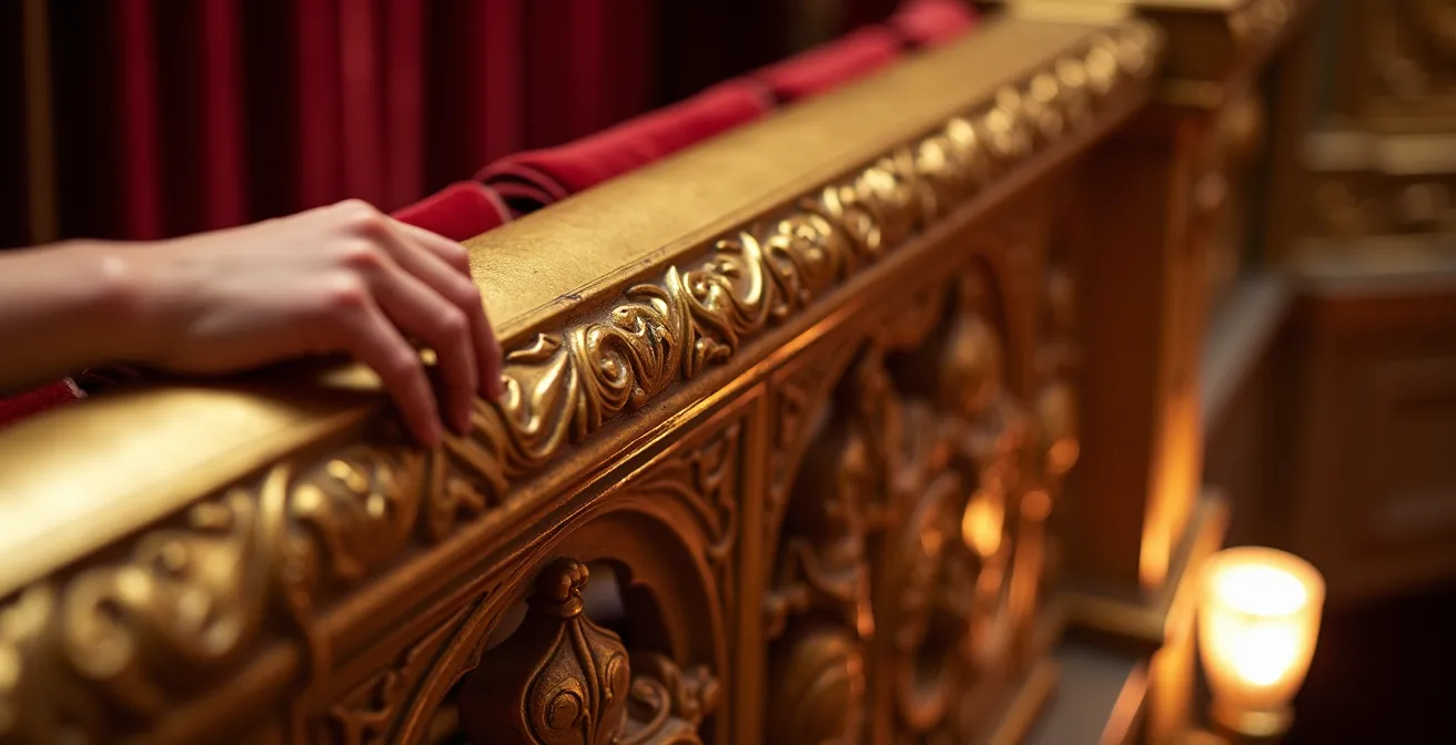 Giovane spettatore ammira l'interno maestoso di un teatro d'opera italiano