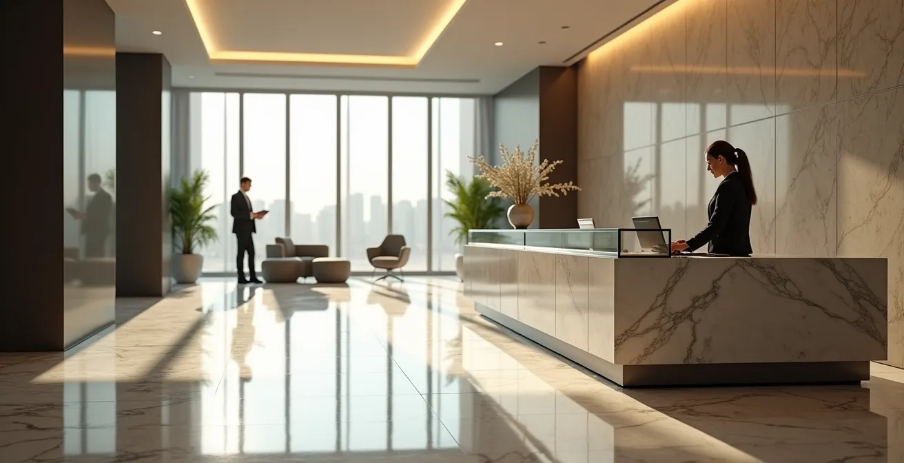 Reception elegante di un business center nel centro di Milano