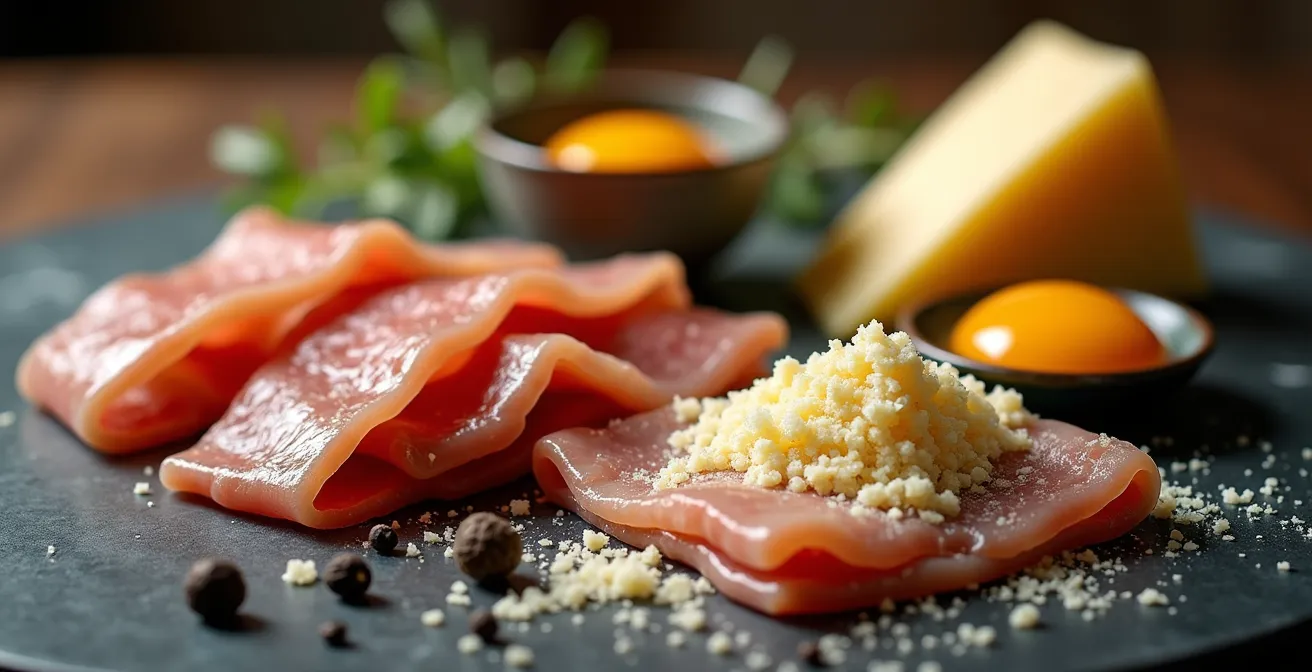 Ingredienti della carbonara autentica disposti su tavolo di marmo con guanciale tagliato e pecorino grattugiato