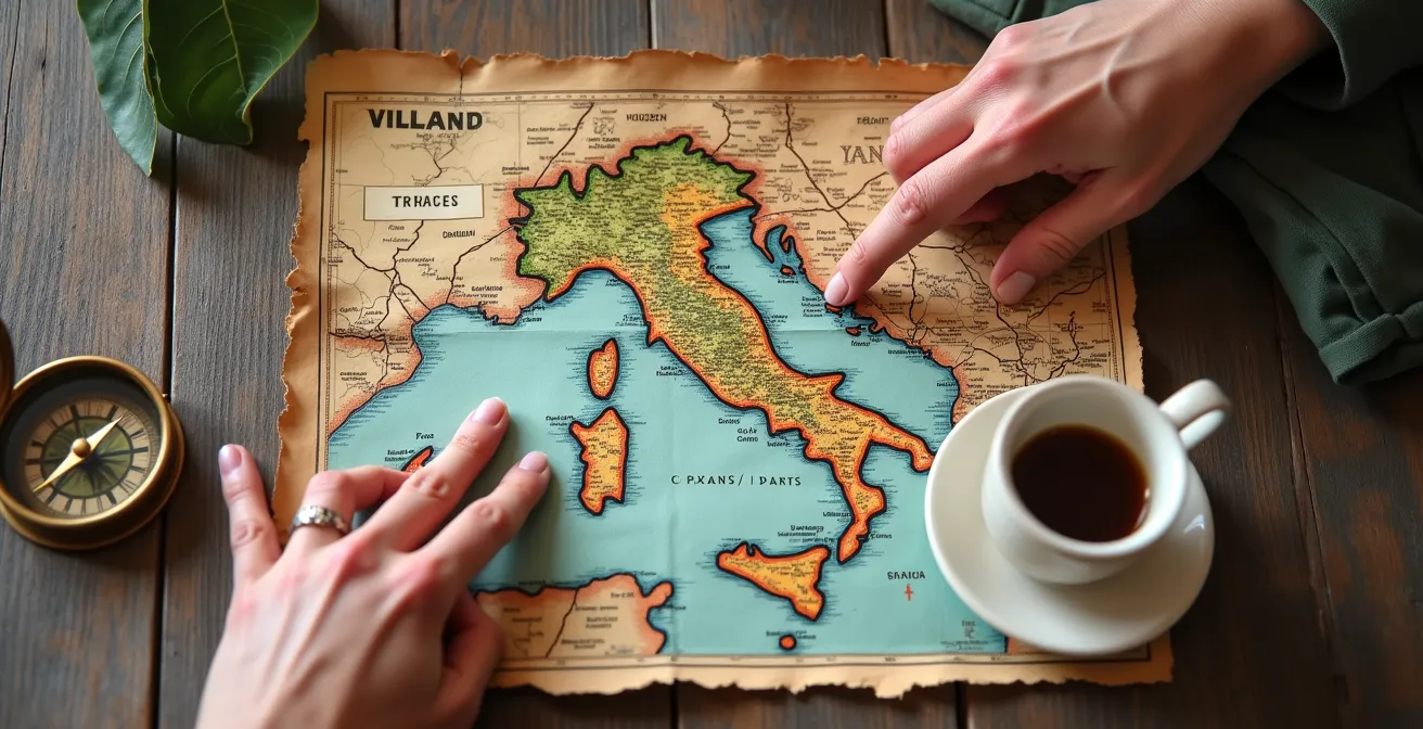 Mano che indica percorsi alternativi su una vecchia mappa cartacea di un borgo