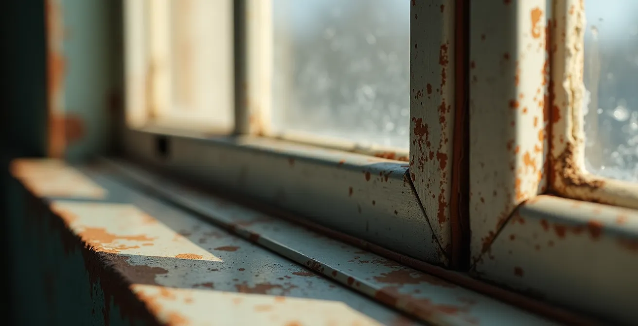 Dettaglio macro di guarnizioni e spifferi in una finestra vintage italiana