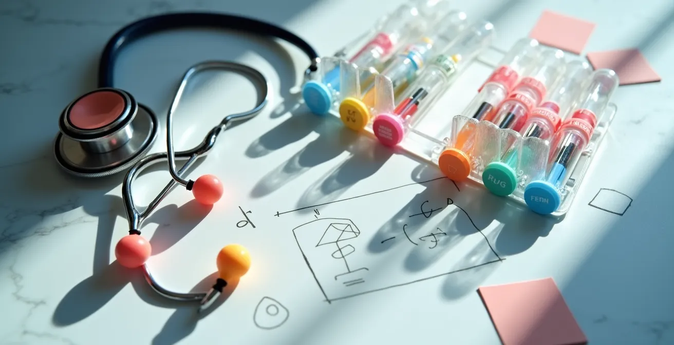 Tavolo con provette e documenti medici organizzati per categorie