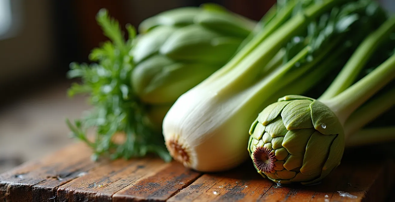 Verdure di stagione italiane disposte su tavolo rustico per menu km zero