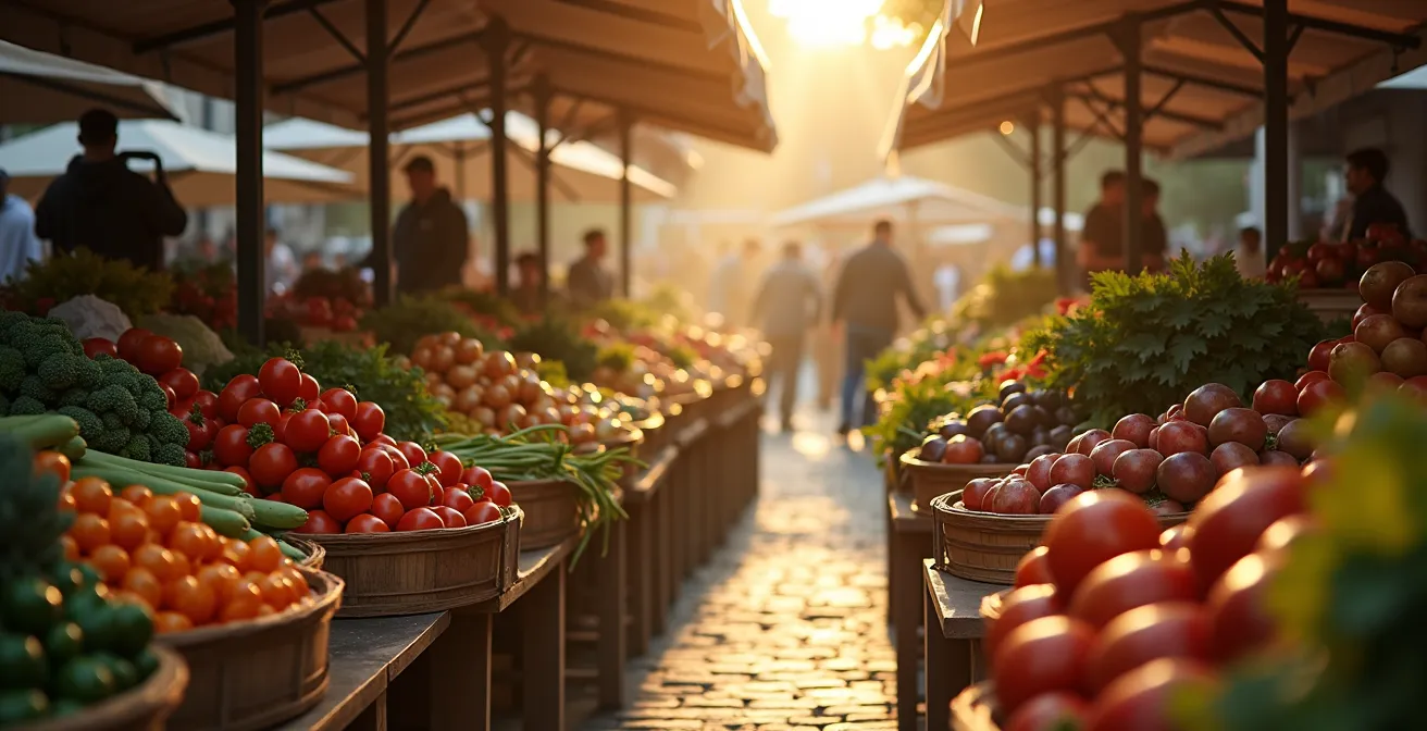 Vista ampia di un mercato contadino italiano all'alba con bancarelle di prodotti freschi e venditori locali