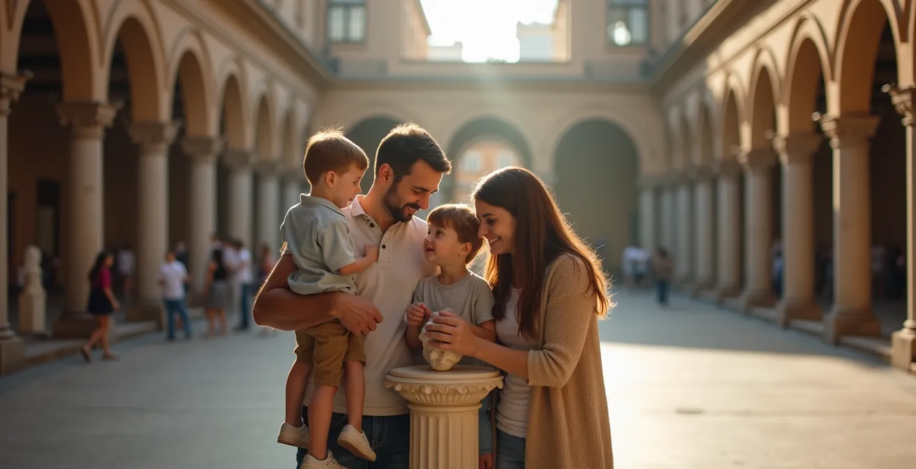 Cortile interno di un museo italiano meno conosciuto con visitatori rilassati