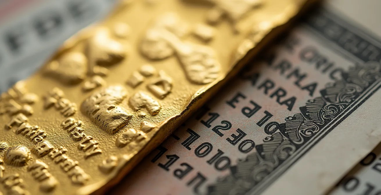 Lingotti d'oro e certificati di investimento su scrivania in legno con grafici sfocati sullo sfondo