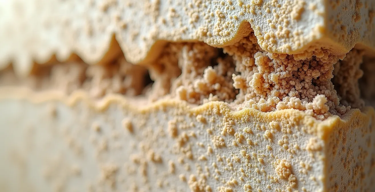 Sezione trasversale di una parete in calce-canapa che mostra la struttura porosa del materiale