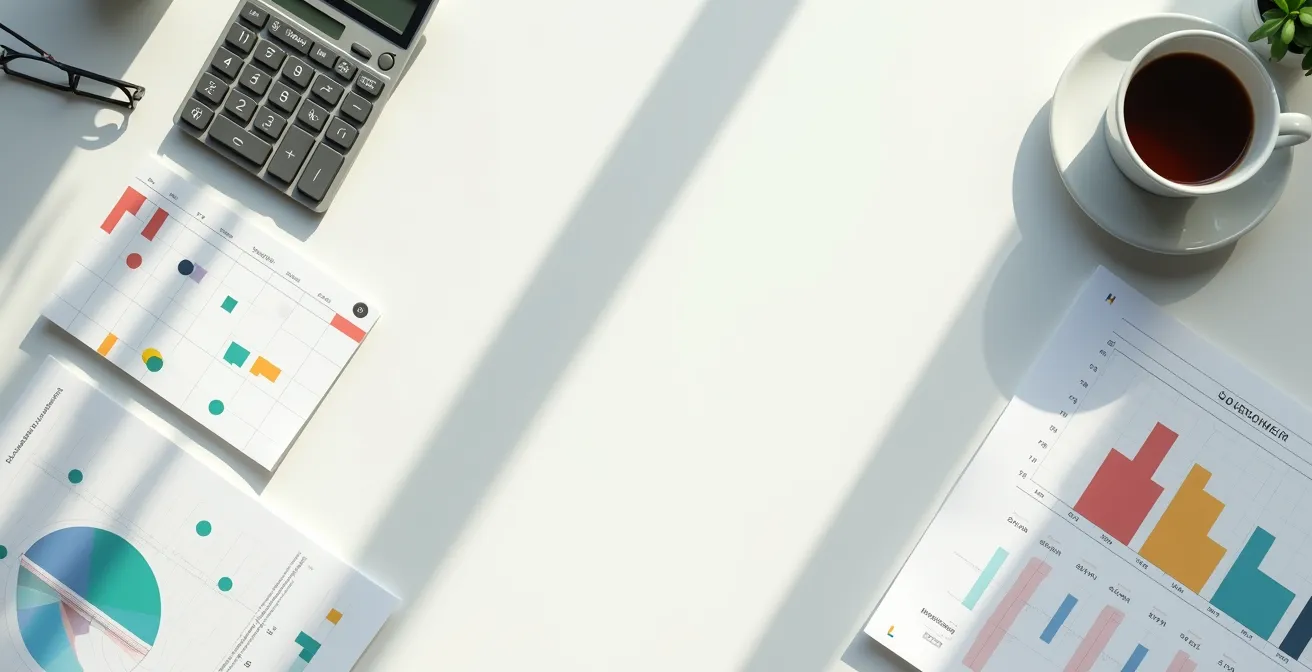 Vista dall'alto di un calendario con segnalini colorati e calcolatrice su scrivania professionale