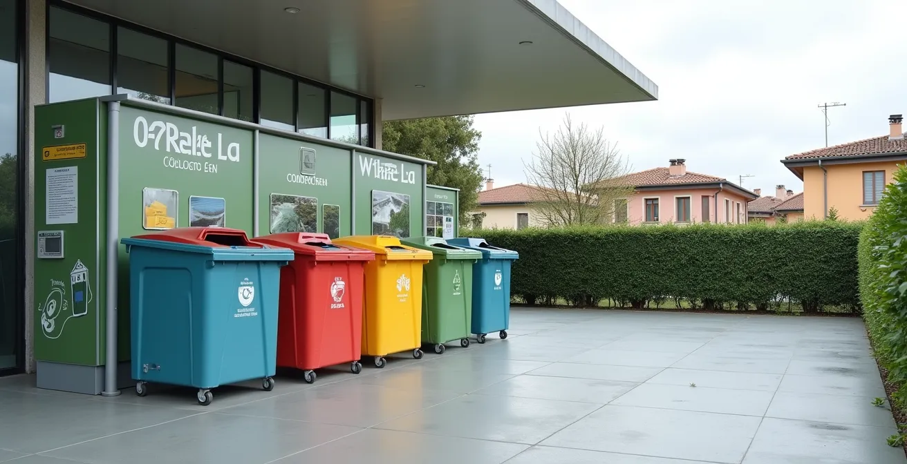 Isola ecologica comunale italiana con contenitori separati per diverse tipologie di RAEE