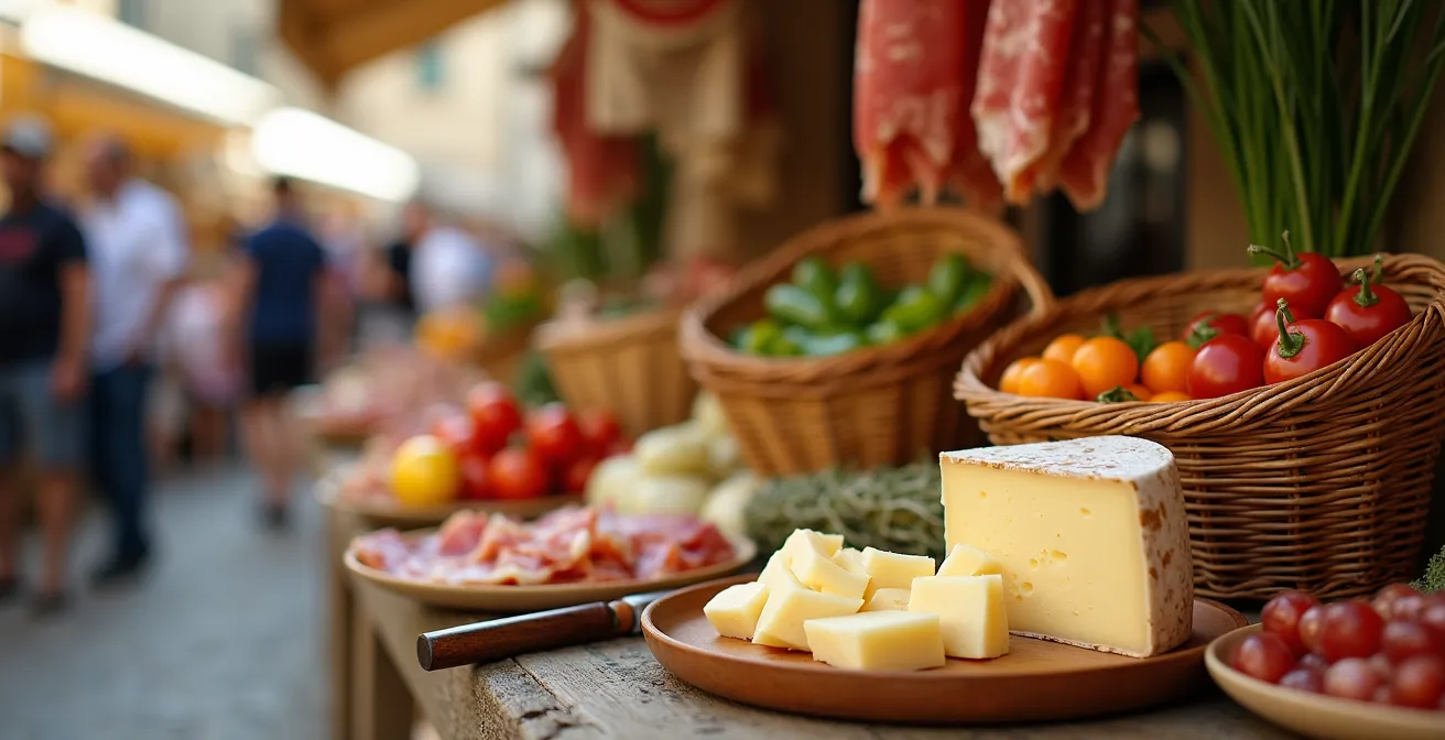 Banco di prodotti tipici in una sagra di paese con formaggi e salumi artigianali