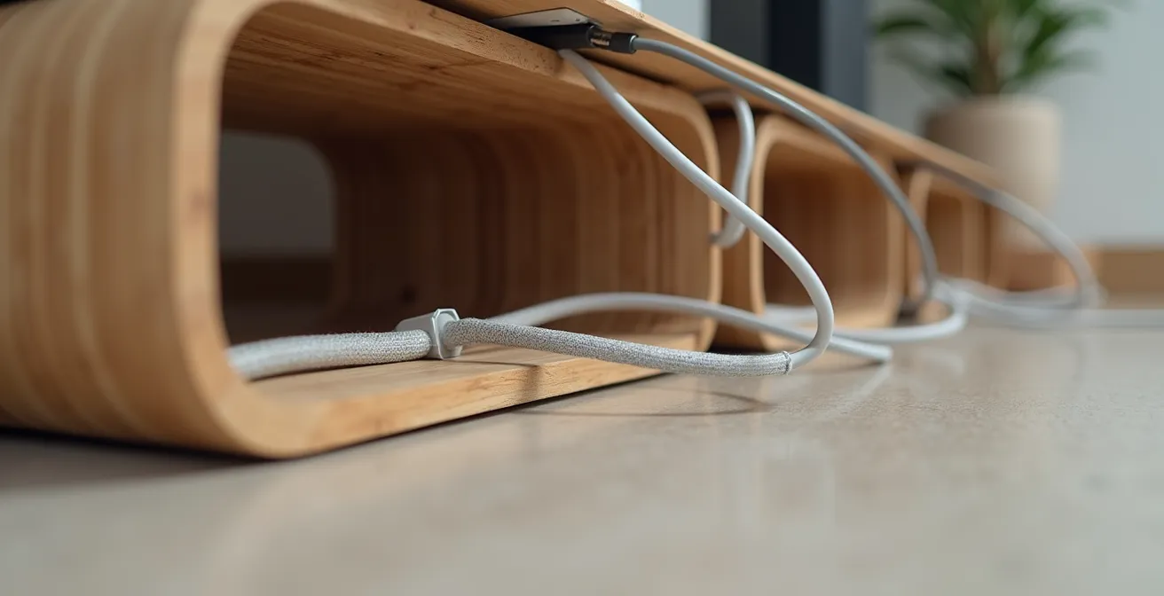 Scrivania ordinata con sistema di gestione cavi integrato e contenitori di design