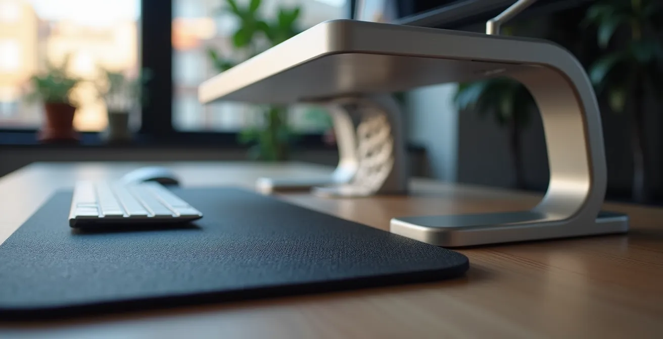 Scrivania sit-stand regolabile con tappetino anti-fatica per migliorare l'ergonomia in un ufficio italiano.