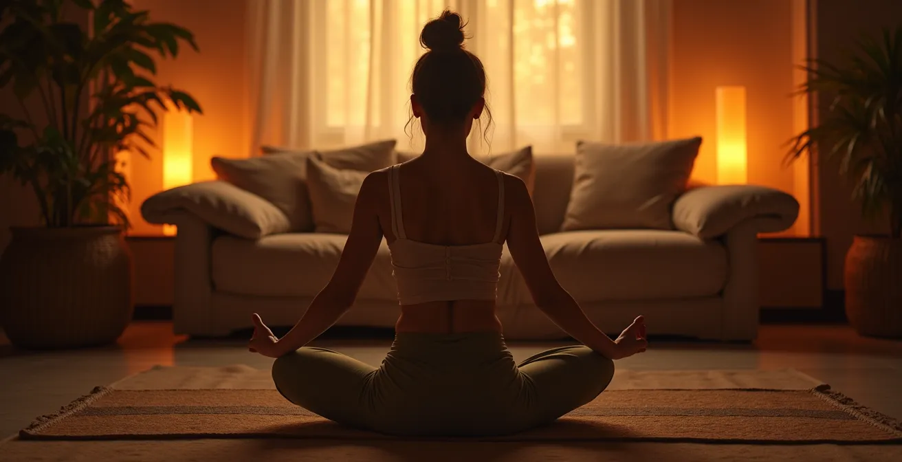 Pratica di Yin Yoga serale in ambiente domestico con luce soffusa