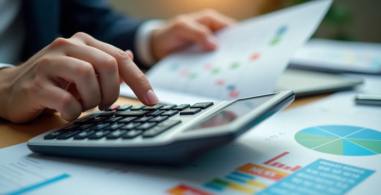 Mani che lavorano su calcolatrice con grafici astratti su documenti in background