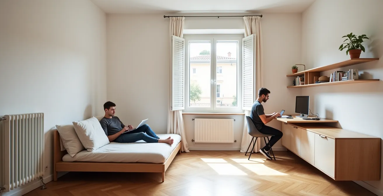 Interno di un piccolo appartamento milanese con mobili salvaspazio e design funzionale