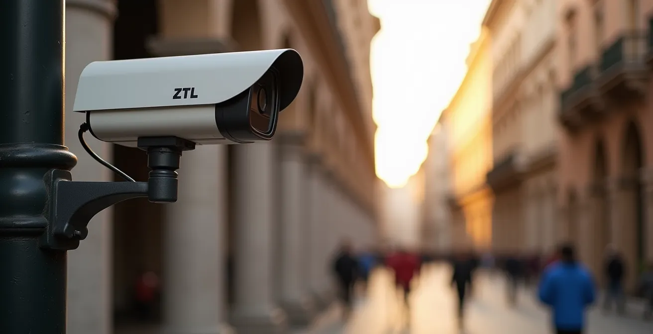 Telecamera di controllo ZTL con skyline di Milano sfocato sullo sfondo