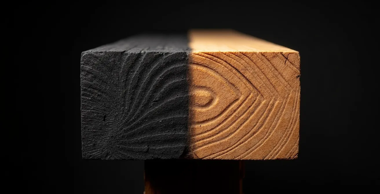 Test di resistenza al fuoco su pannello X-LAM che mostra lo strato carbonizzato protettivo