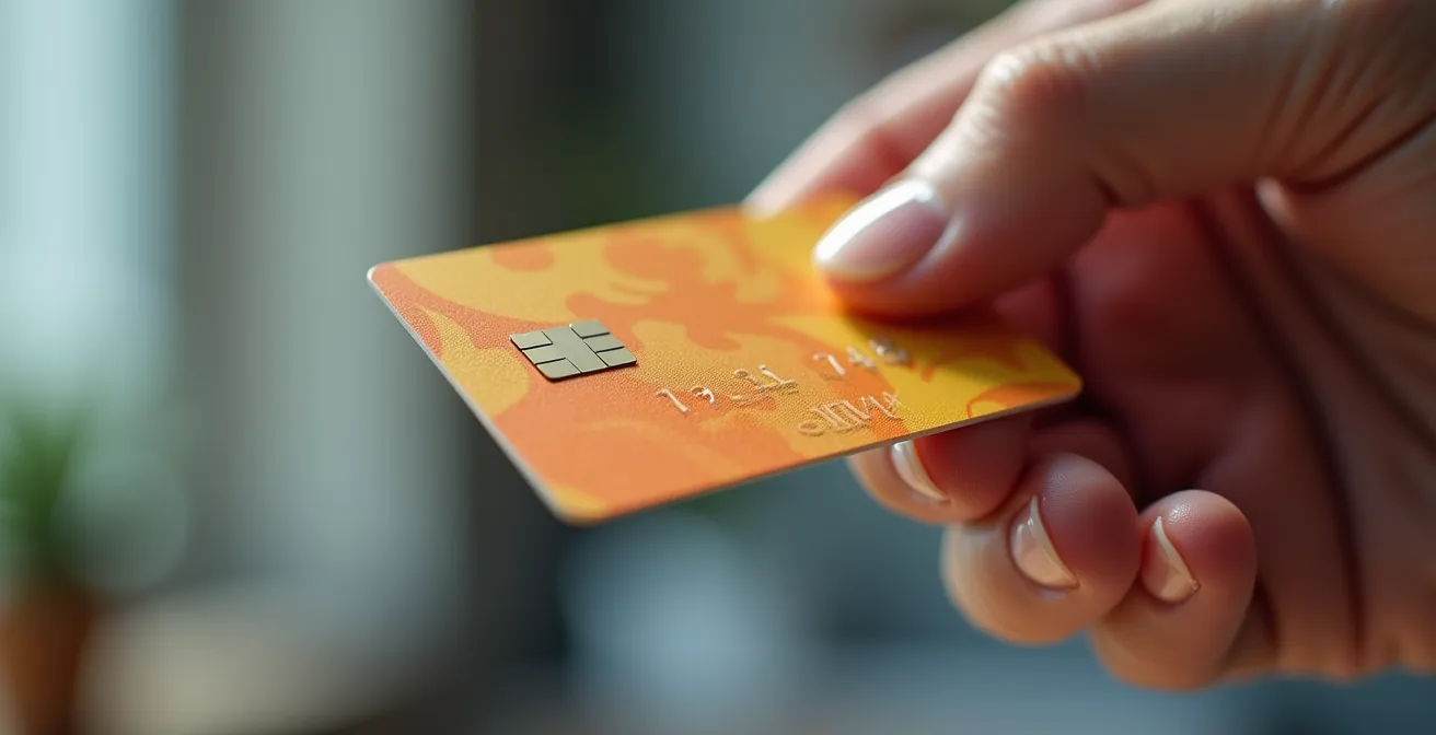 Mano che tiene una carta ticket restaurant elettronica con un computer portatile sfocato sullo sfondo, a rappresentare il lavoro da casa.