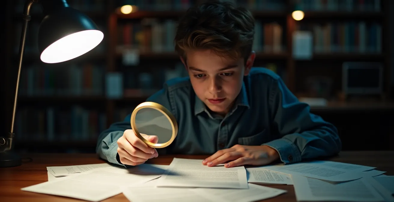 Adolescente italiano che confronta informazioni su documenti cartacei con espressione concentrata