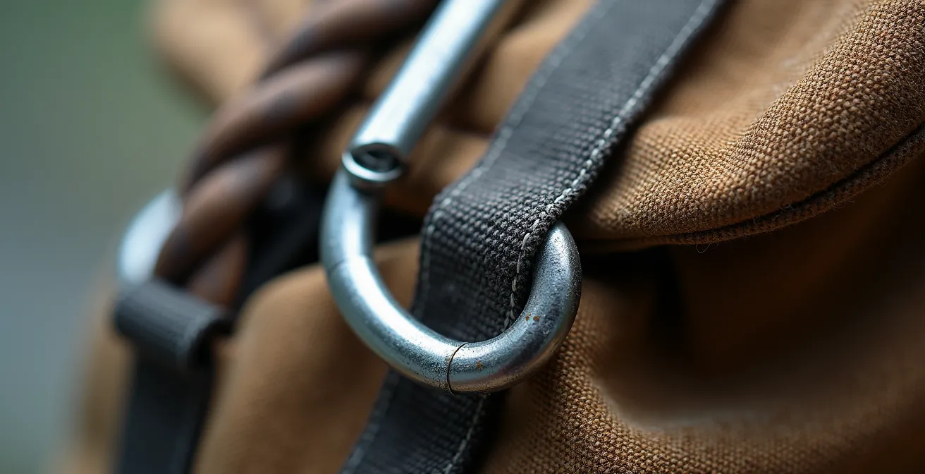 Dettaglio macro dell'attrezzatura essenziale per escursionismo responsabile