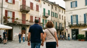 Coppia italiana che osserva edifici residenziali in un quartiere urbano (prezzo medio immobili)