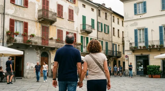 Coppia italiana che osserva edifici residenziali in un quartiere urbano (prezzo medio immobili)